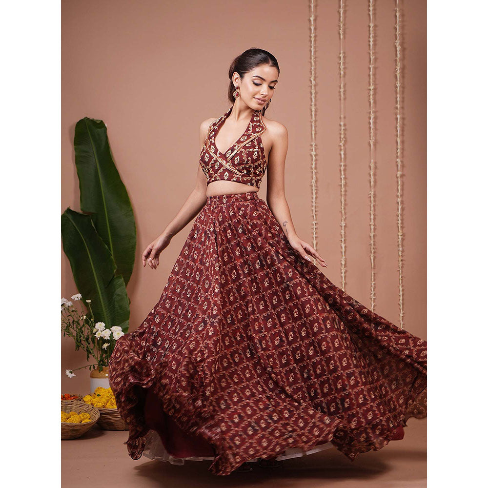 AHI Clothing Maroon Halter Lapel Neck Indo Lehenga And Blouse