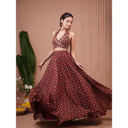 AHI Clothing Maroon Halter Lapel Neck Indo Lehenga And Blouse