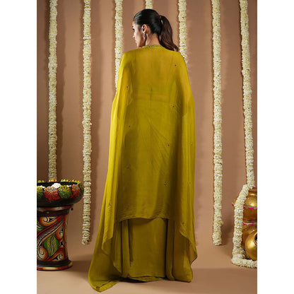 AHI Clothing Mehendi Green Crepe Drape Shrug And Bustier With Skirt