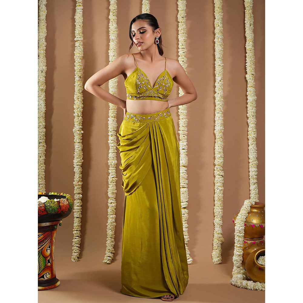 AHI Clothing Mehendi Green Crepe Drape Shrug And Bustier With Skirt