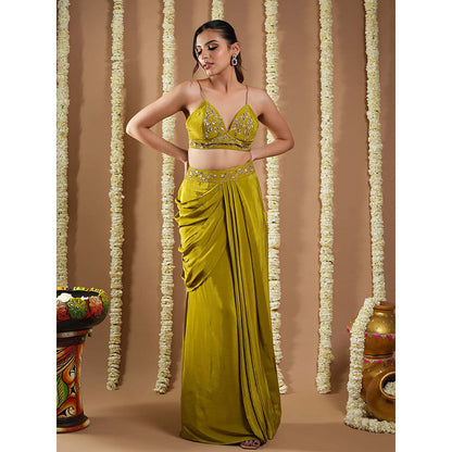 AHI Clothing Mehendi Green Crepe Drape Shrug And Bustier With Skirt