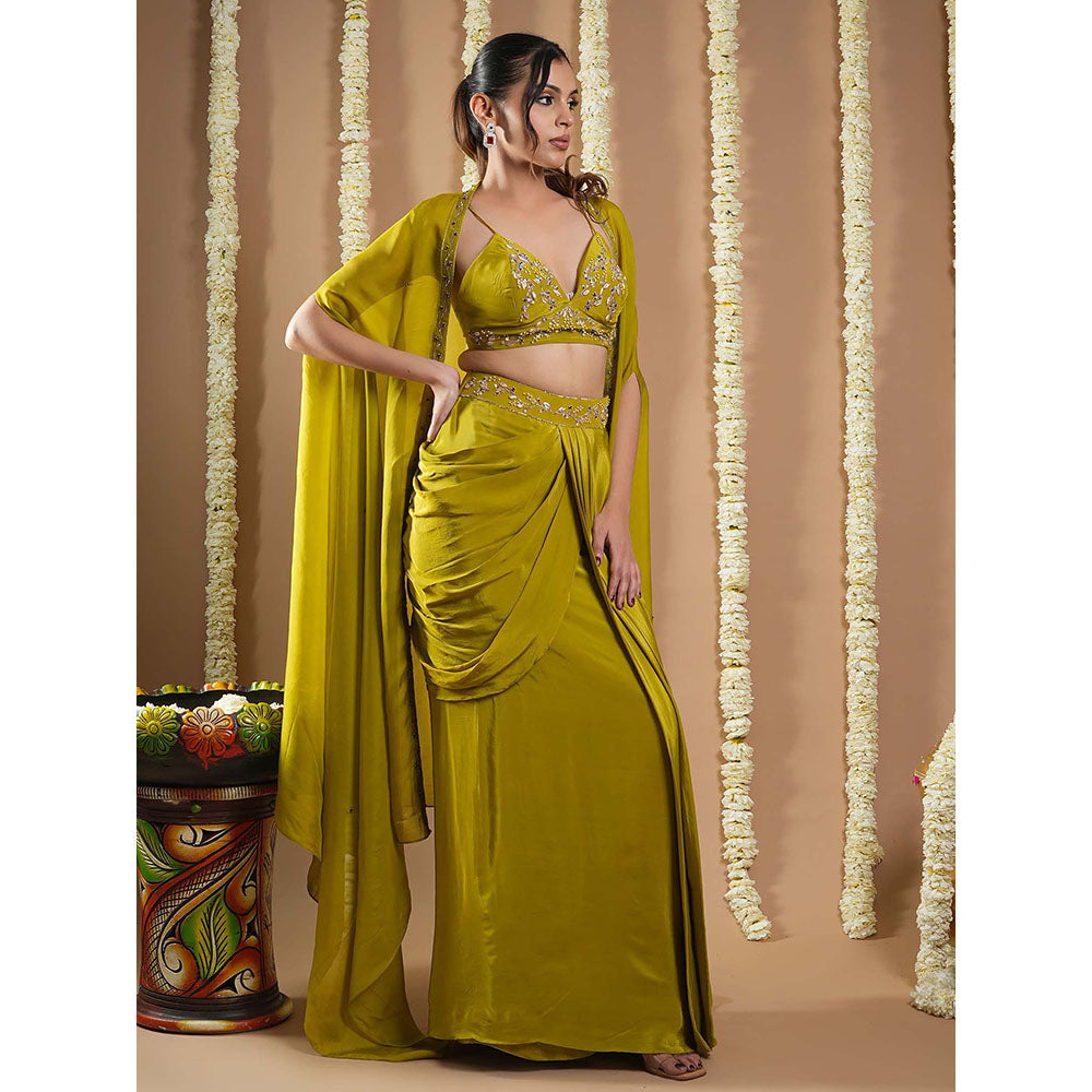 AHI Clothing Mehendi Green Crepe Drape Shrug And Bustier With Skirt