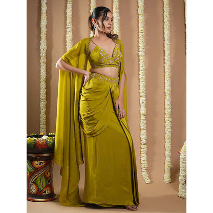 AHI Clothing Mehendi Green Crepe Drape Shrug And Bustier With Skirt