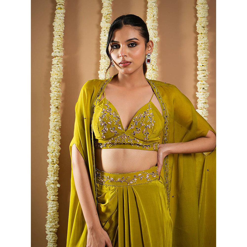 AHI Clothing Mehendi Green Crepe Drape Shrug And Bustier With Skirt