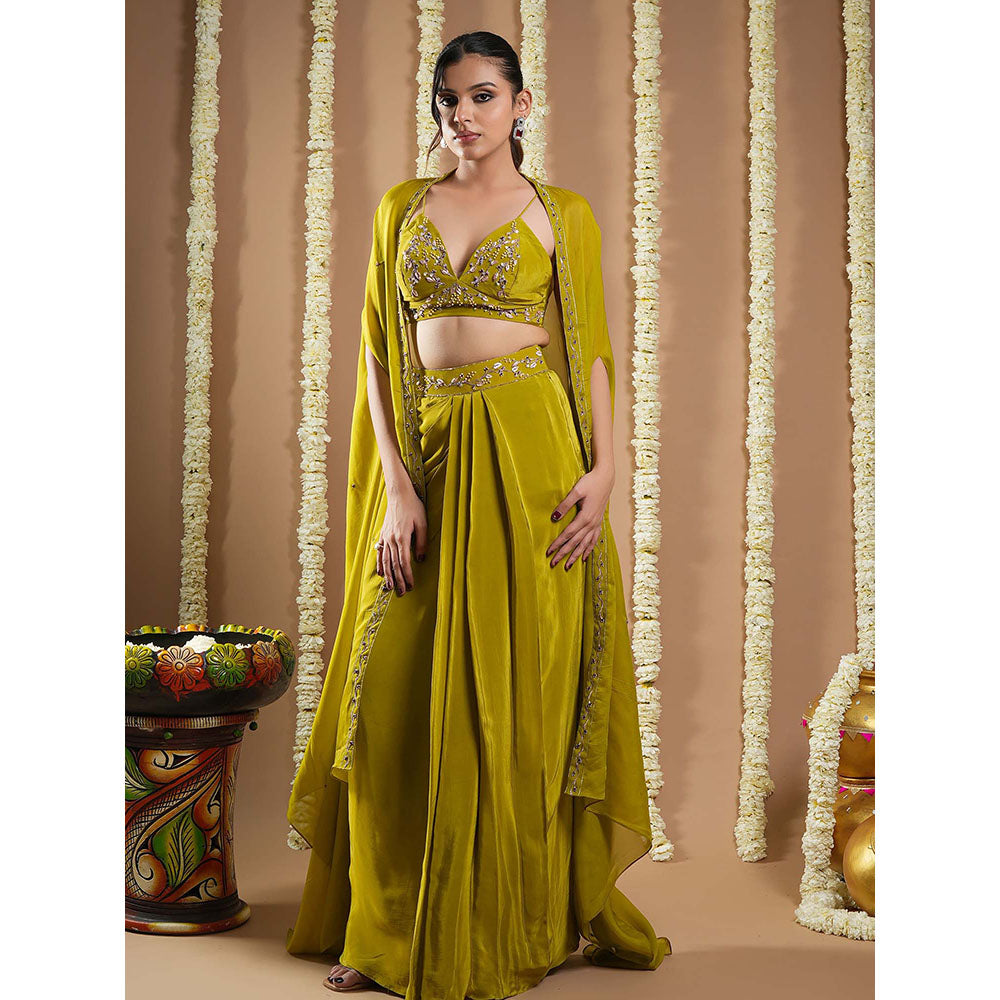 AHI Clothing Mehendi Green Crepe Drape Shrug And Bustier With Skirt