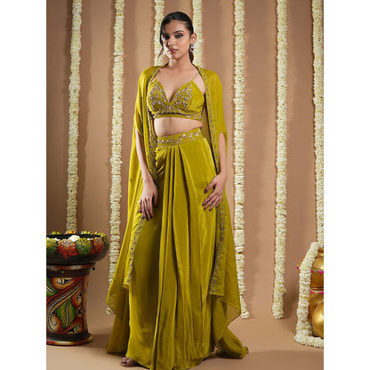 AHI Clothing Mehendi Green Crepe Drape Shrug And Bustier With Skirt