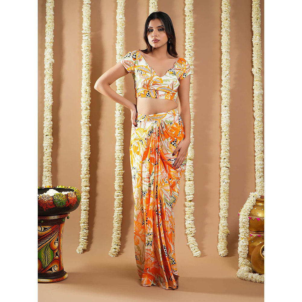 AHI Clothing Orange Forest Print Crepe Drape Indo Top With Skirt