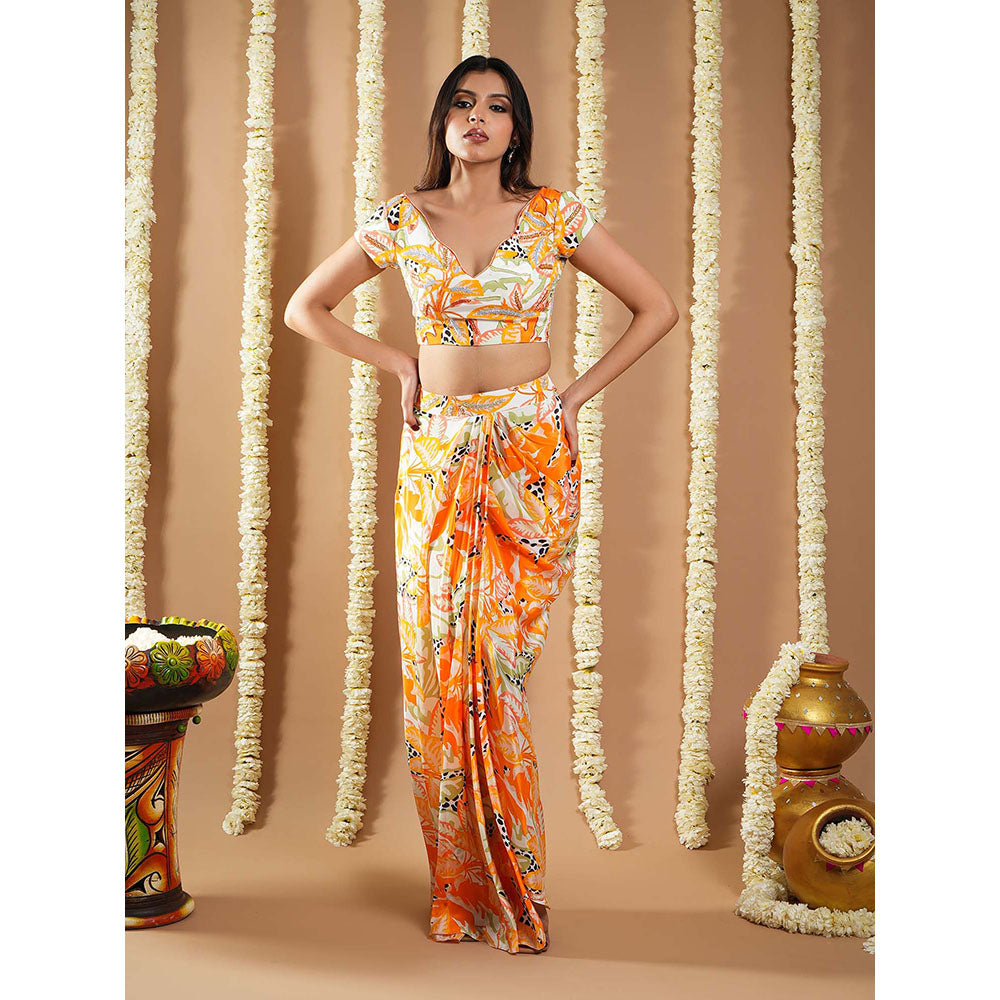 AHI Clothing Orange Forest Print Crepe Drape Indo Top With Skirt