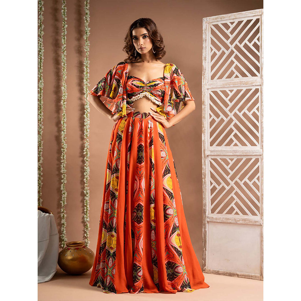 AHI Clothing Orange Kaudi Abstract Print Georgette Indo Top With Skirt