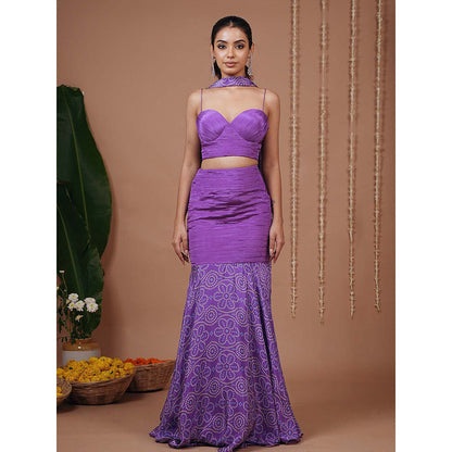 AHI Clothing Purple Bandhani Indo Corset With Skirt And Dupatta