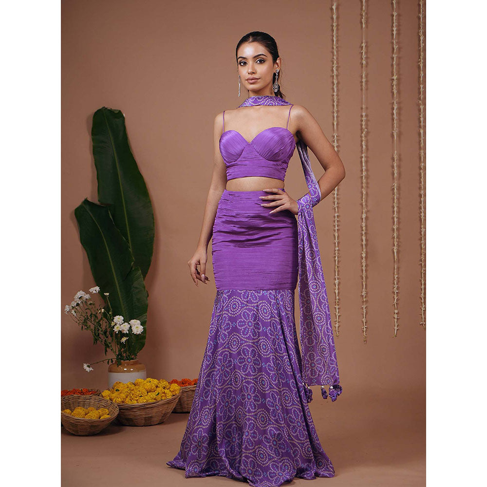 AHI Clothing Purple Bandhani Indo Corset With Skirt And Dupatta