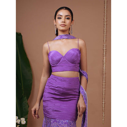 AHI Clothing Purple Bandhani Indo Corset With Skirt And Dupatta