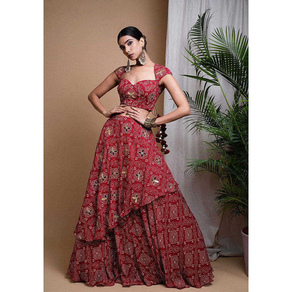 AHI Clothing Red Bandhani Digital Printed Indo Lehenga And Blouse
