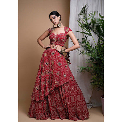 AHI Clothing Red Bandhani Digital Printed Indo Lehenga And Blouse