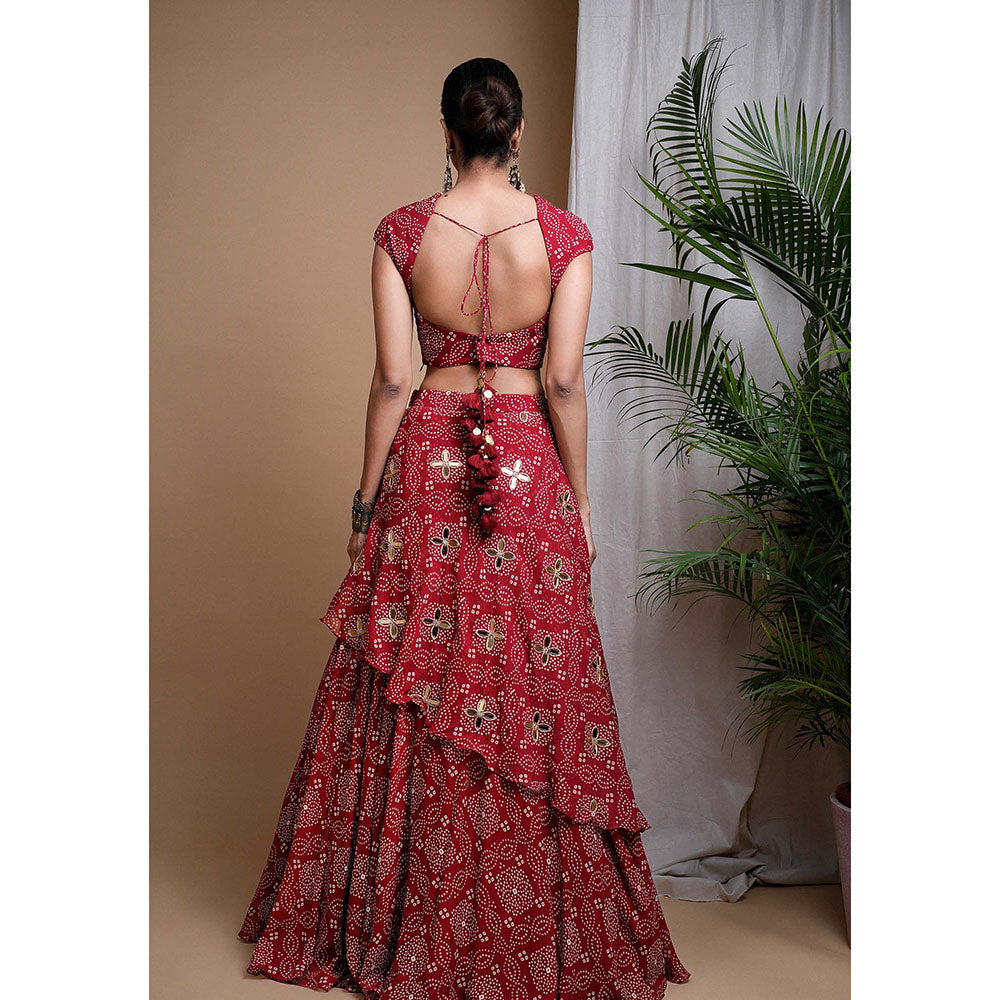 AHI Clothing Red Bandhani Digital Printed Indo Lehenga And Blouse