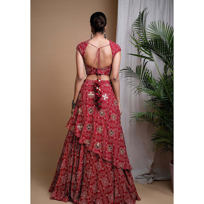 AHI Clothing Red Bandhani Digital Printed Indo Lehenga And Blouse