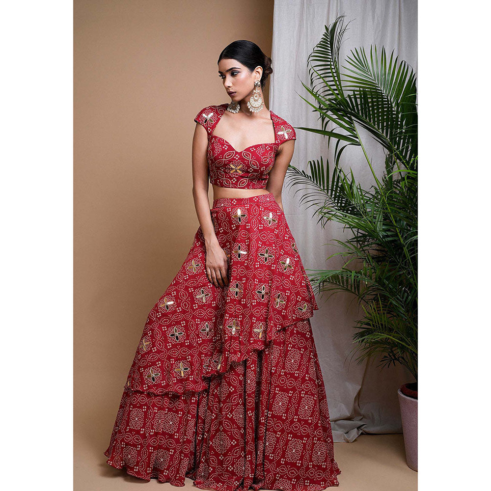 AHI Clothing Red Bandhani Digital Printed Indo Lehenga And Blouse