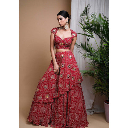 AHI Clothing Red Bandhani Digital Printed Indo Lehenga And Blouse