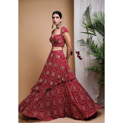 AHI Clothing Red Bandhani Digital Printed Indo Lehenga And Blouse
