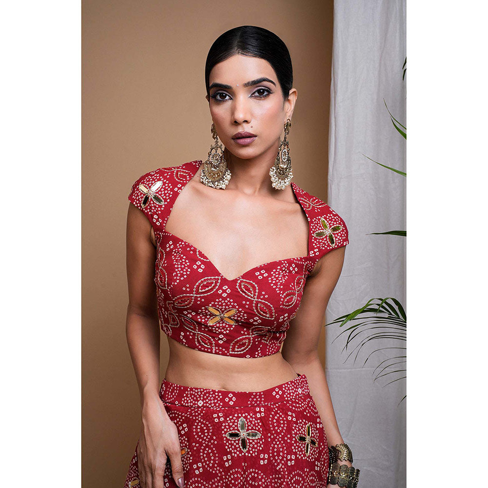 AHI Clothing Red Bandhani Digital Printed Indo Lehenga And Blouse