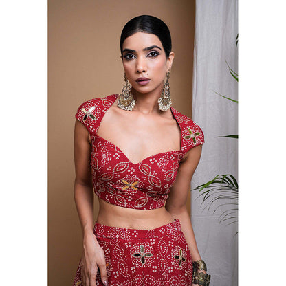 AHI Clothing Red Bandhani Digital Printed Indo Lehenga And Blouse