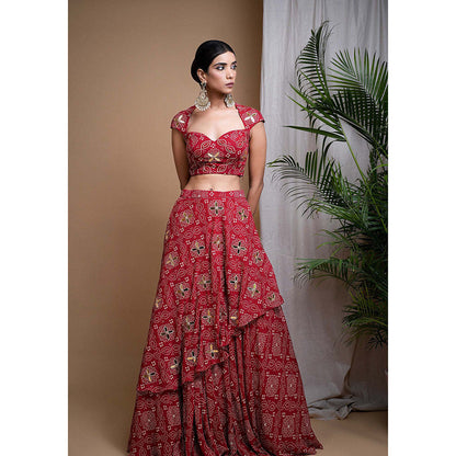 AHI Clothing Red Bandhani Digital Printed Indo Lehenga And Blouse