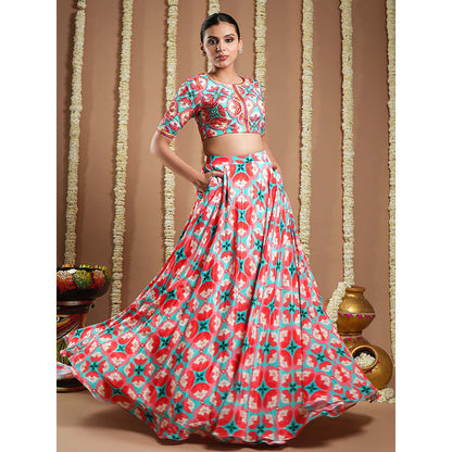 AHI Clothing Red Tile Printed Heavy Lehenga And Blouse With Dupatta