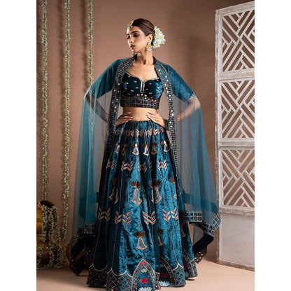AHI Clothing Teal Heavy Velvet Lehenga And Blouse With Dupatta