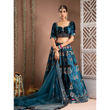 AHI Clothing Teal Heavy Velvet Lehenga And Blouse With Dupatta