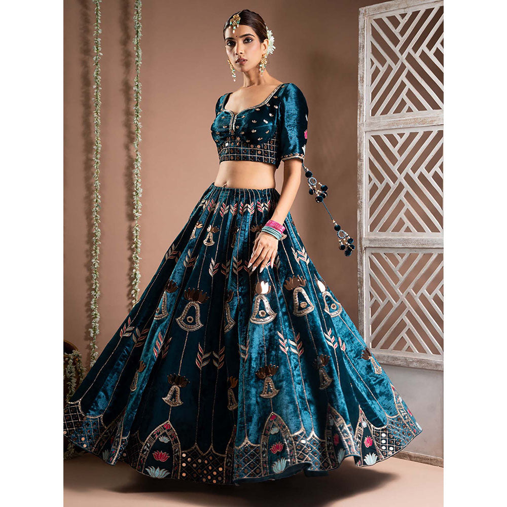 AHI Clothing Teal Heavy Velvet Lehenga And Blouse With Dupatta