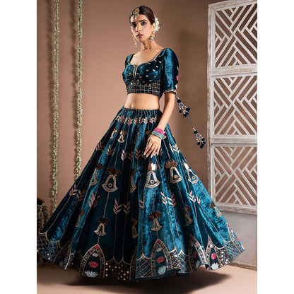 AHI Clothing Teal Heavy Velvet Lehenga And Blouse With Dupatta