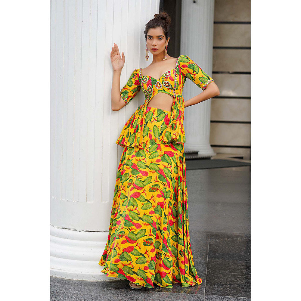 AHI Clothing Yellow Ginger Flower Peplum Top With Skirt