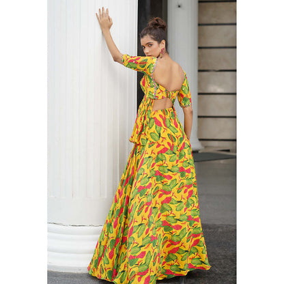 AHI Clothing Yellow Ginger Flower Peplum Top With Skirt