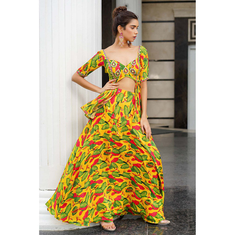AHI Clothing Yellow Ginger Flower Peplum Top With Skirt