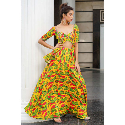 AHI Clothing Yellow Ginger Flower Peplum Top With Skirt