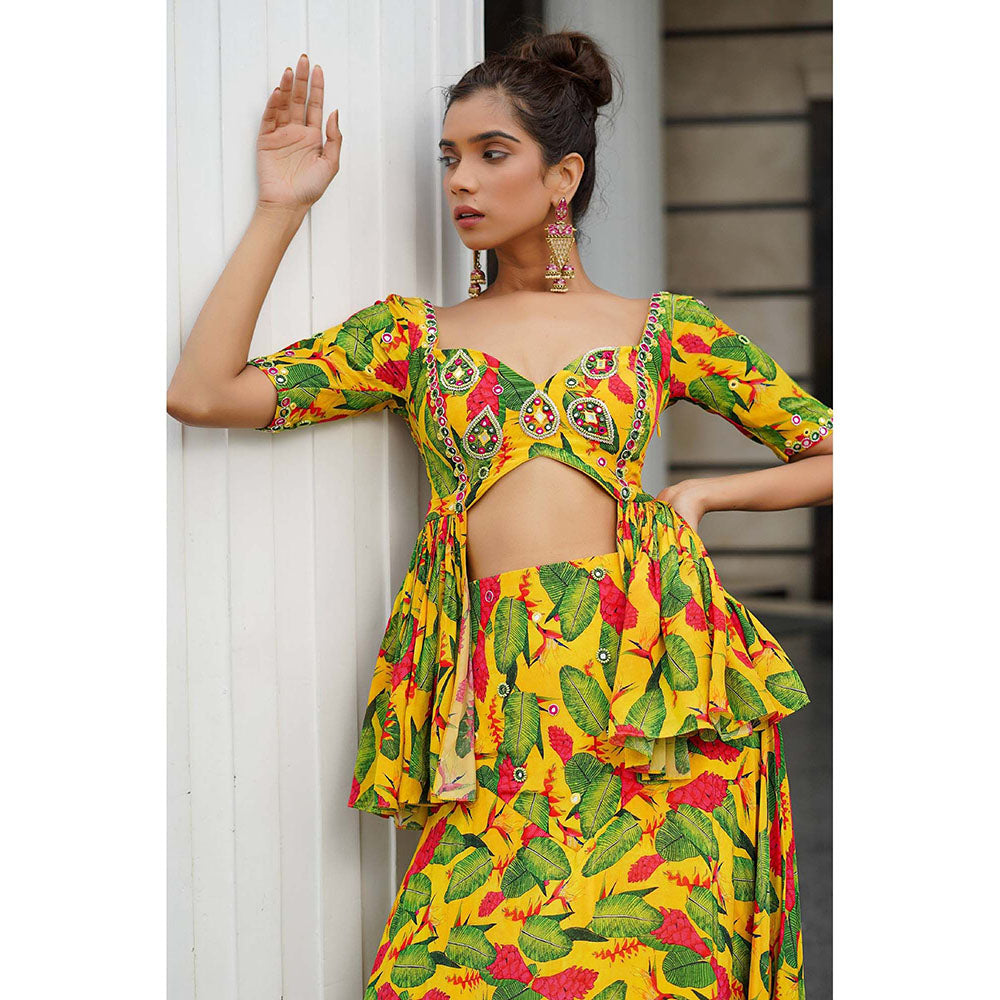 AHI Clothing Yellow Ginger Flower Peplum Top With Skirt