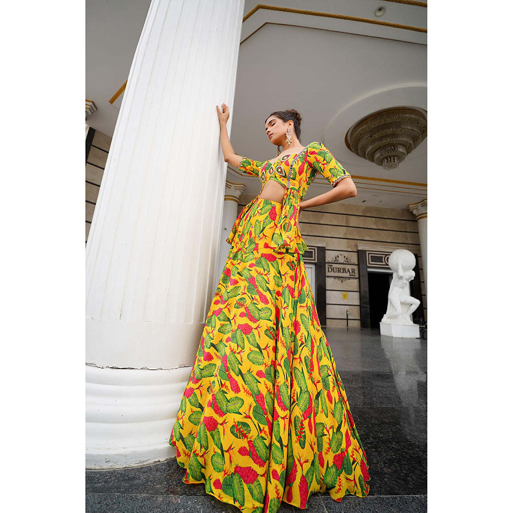 AHI Clothing Yellow Ginger Flower Peplum Top With Skirt