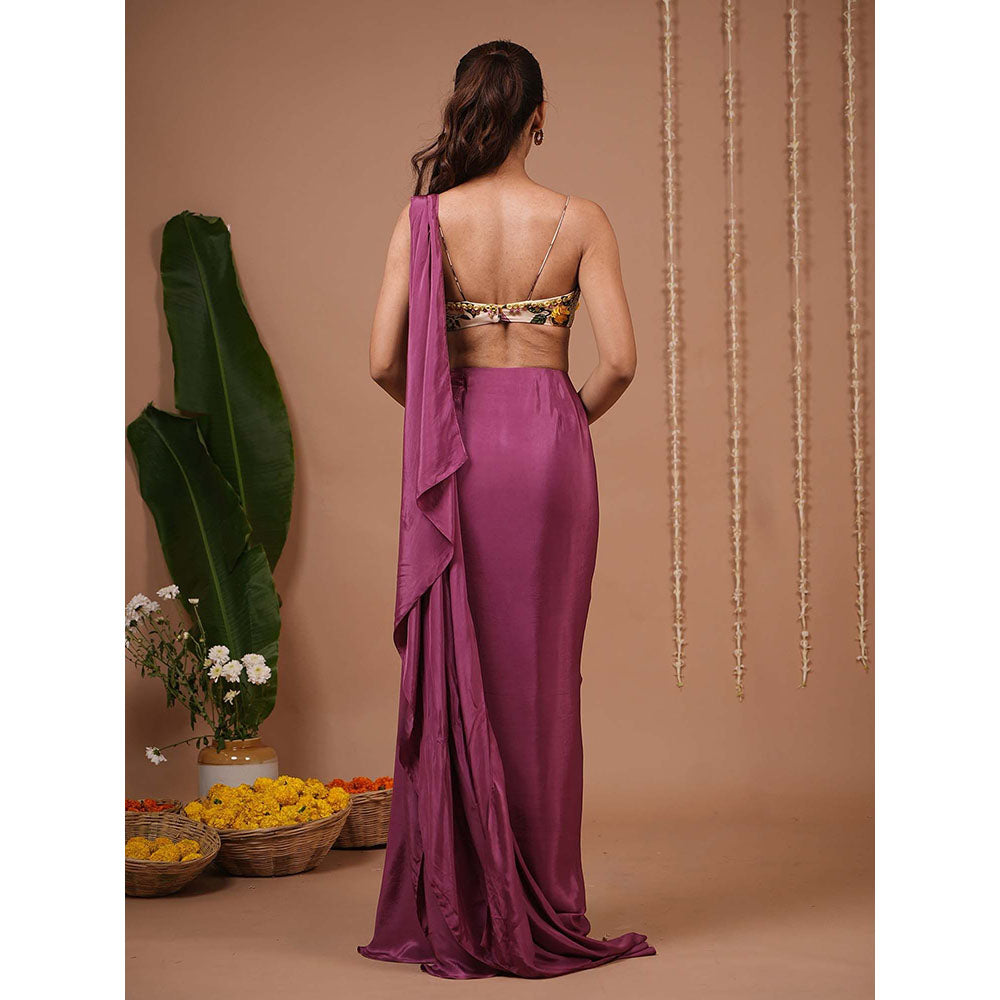 AHI Clothing Cream Print Indo Organza Pre Drape Saree With Stitched Blouse with Stitched