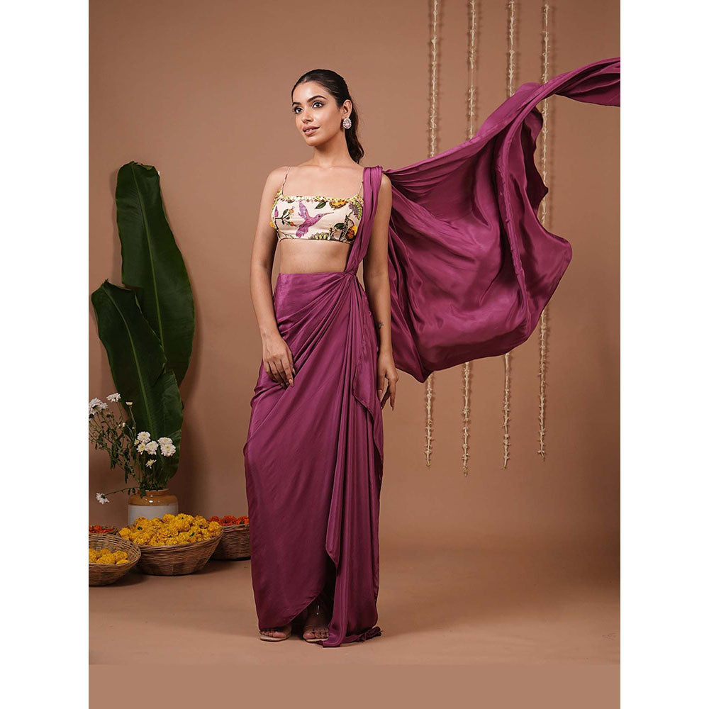 AHI Clothing Cream Print Indo Organza Pre Drape Saree With Stitched Blouse with Stitched