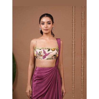 AHI Clothing Cream Print Indo Organza Pre Drape Saree With Stitched Blouse with Stitched