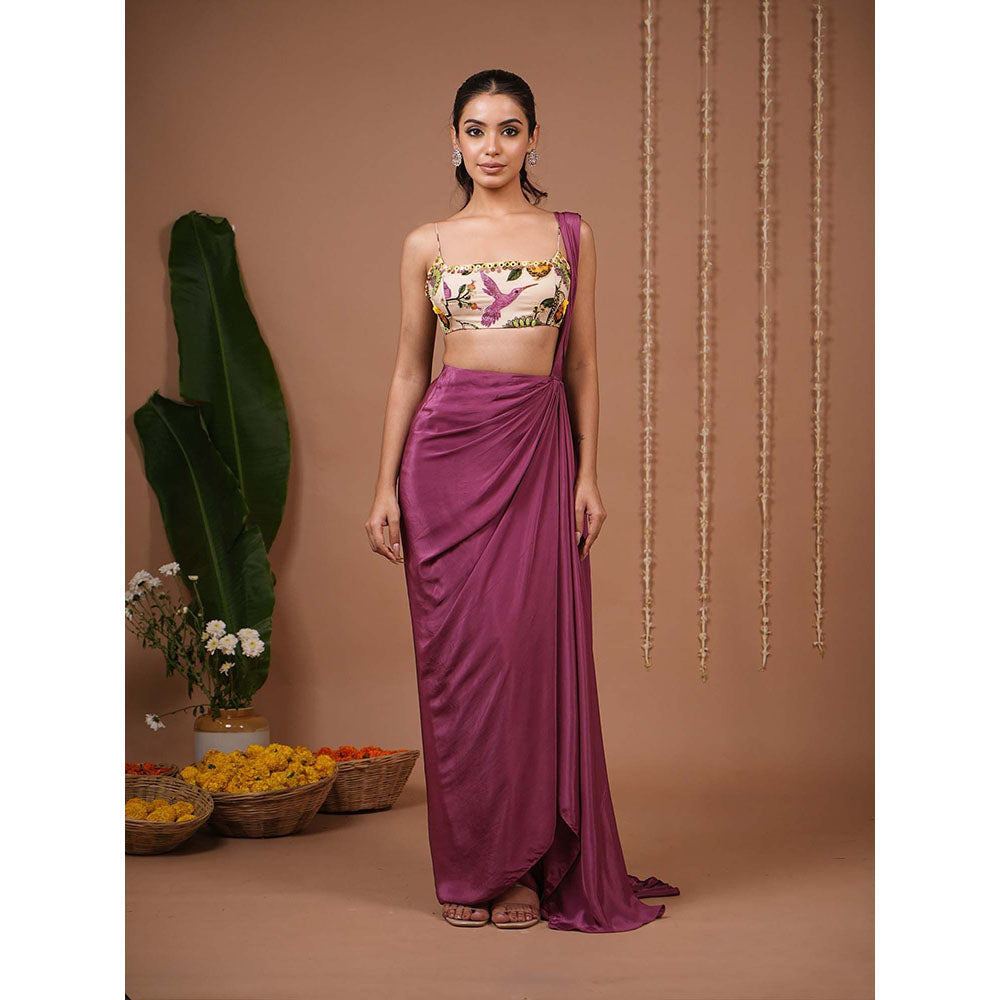 AHI Clothing Cream Print Indo Organza Pre Drape Saree With Stitched Blouse with Stitched