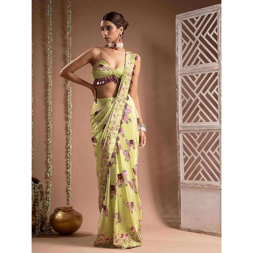 AHI Clothing Elephant Print Crepe Green Pre Drape Saree With Stitched Blouse with Stitched