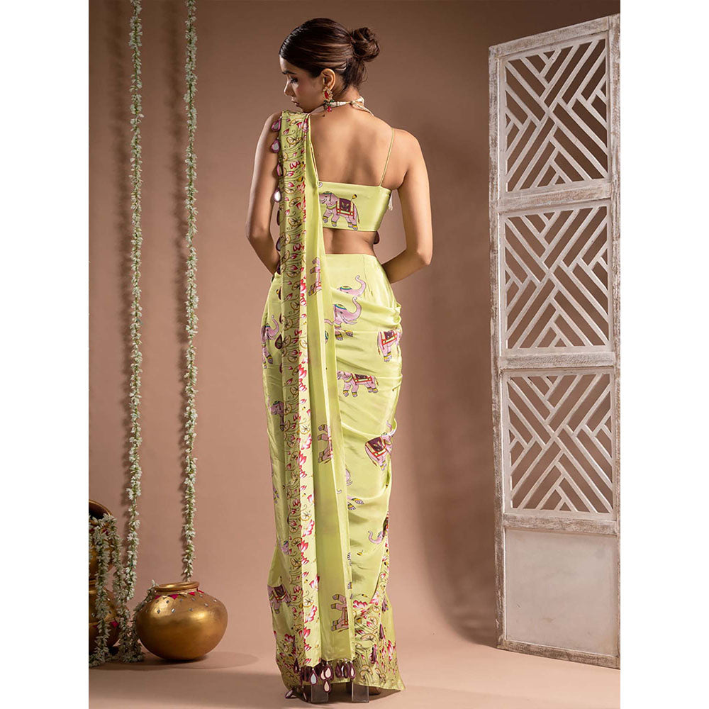 AHI Clothing Elephant Print Crepe Green Pre Drape Saree With Stitched Blouse with Stitched