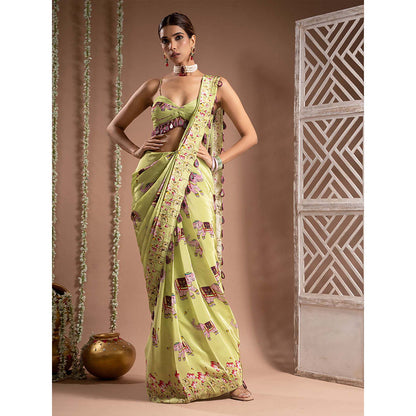 AHI Clothing Elephant Print Crepe Green Pre Drape Saree With Stitched Blouse with Stitched