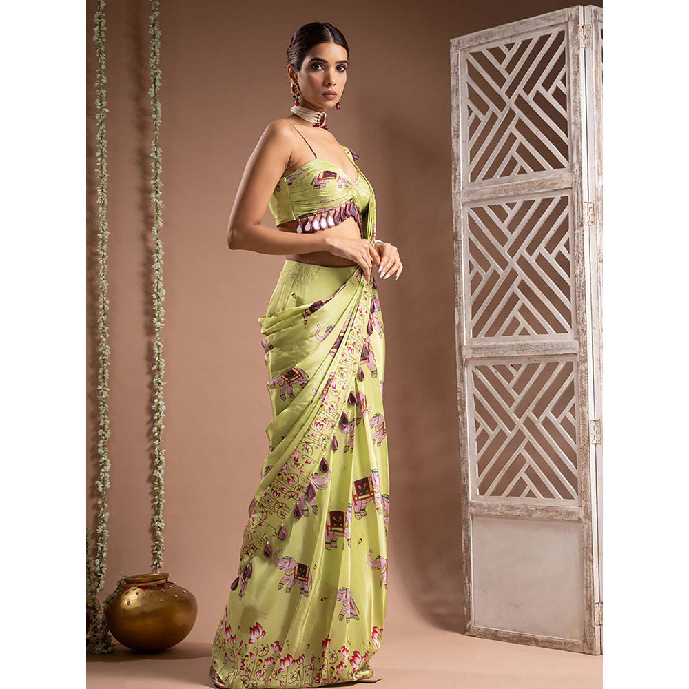 AHI Clothing Elephant Print Crepe Green Pre Drape Saree With Stitched Blouse with Stitched