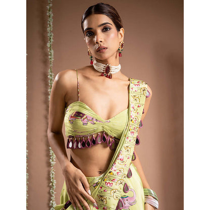 AHI Clothing Elephant Print Crepe Green Pre Drape Saree With Stitched Blouse with Stitched