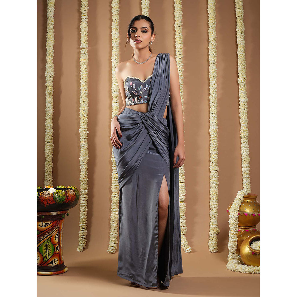 AHI Clothing Grey Crepe Ruched Pre Drape Saree With Stitched Blouse with Stitched
