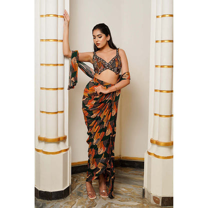 AHI Clothing Leaf Print Multicolour Pre Drape Saree With Stitched Blouse with Stitched