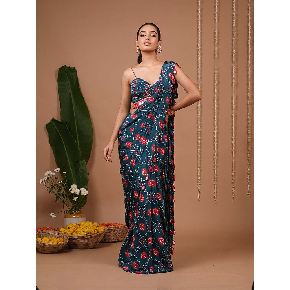 AHI Clothing Teal Blue Bandhej Printed Pre Drape Saree With Stitched Blouse with Stitched