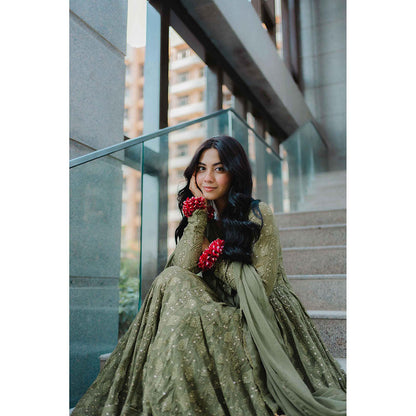 AHI Clothing Green Chikankari Sweetheart Embroidered Anarkali with Palazzo and Dupatta